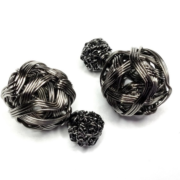 Metallic Black Weaved Double Ball Stud Earrings - Picture 4 of 7